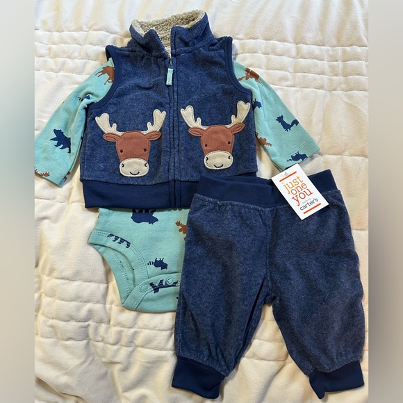 CARTER’S Just One You 🩵Baby Boy Deer 3 Piece Outfit, NWT - Picture 2 of 8